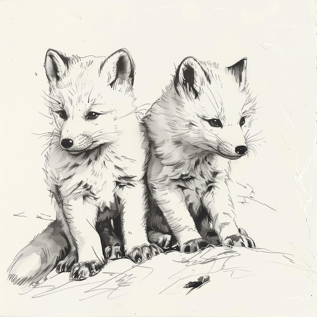 Arctic fox pups isolated pencil drawing on white paper artwork