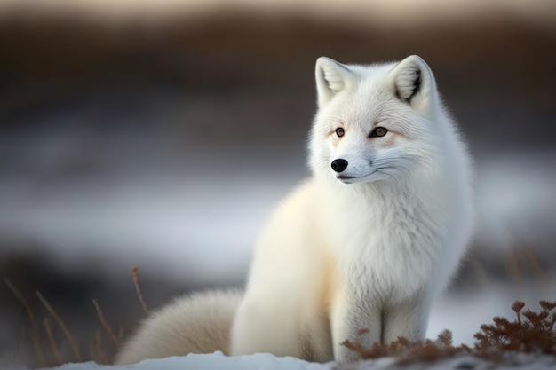 Arctic fox Vulpes Lagopus in the tundra in the winter Close up of a white arctic fox