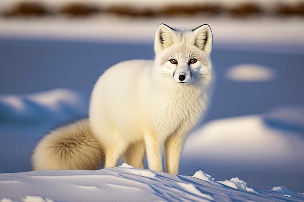 Arctic fox with fluffy coat and long legs on snowcovered field