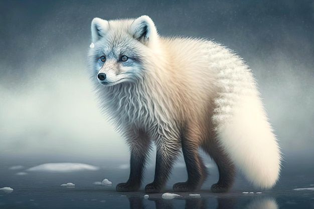 Arctic fox with thick wool coat and bushy tail stands on ice