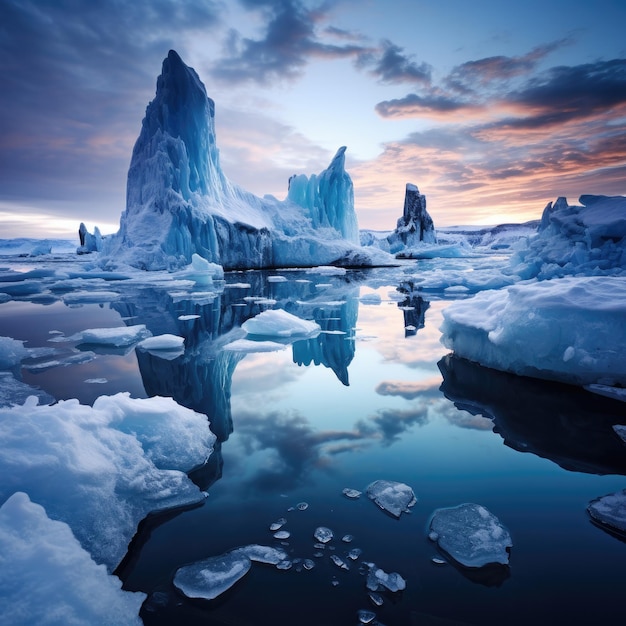 Arctic landscape with towering icebergs and pristine snow