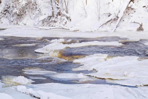 Arctic Nordic landscape in winter time Small river with ice in winter time