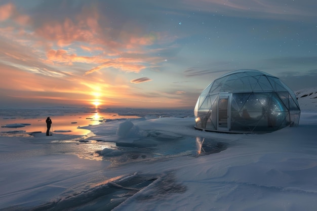 Photo arctic sunset a solitary figure by a glacial dome home