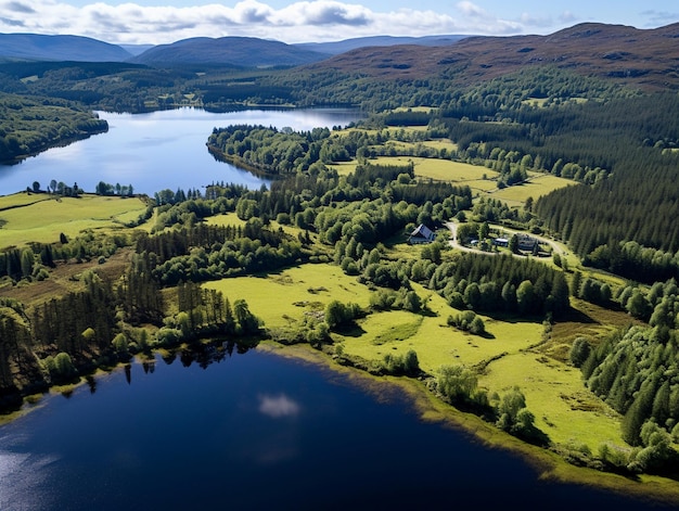 Areal photo featuring a lush mature forest a serene loch reflecting the sky Highland Scotland