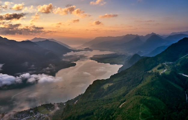 Areal shot landscape from above in sunrise.