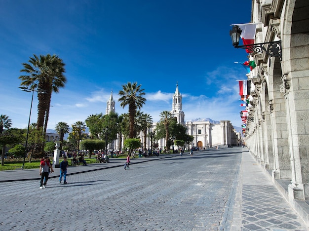 AREQUIPA PERU NOVEMBER 9 Main square of Arequipa with church on november 9 2015 in Arequipa Peru Arequipa's Plaza de Armas is one of the most beautiful in Peru