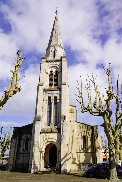 Ares SaintVincent de Paul church on blue cloud sky in Bassin Arcachon bay in France