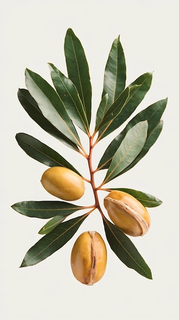 Photo argan nut with green leaves on isolated white background moroccan argania spinosa seed for the prod