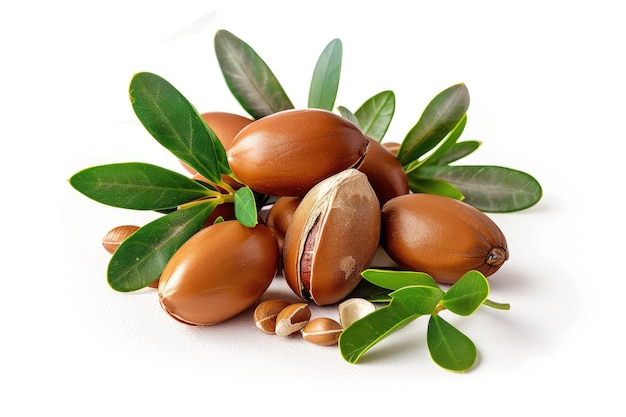 Argan nuts and leaves on white background Seeds for oil production