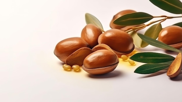 Argan oil nuts with plant Cosmetics and natural oils background Bright color Generative Ai