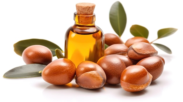 Argan oil nuts with plant Cosmetics and natural oils background Bright color Generative Ai