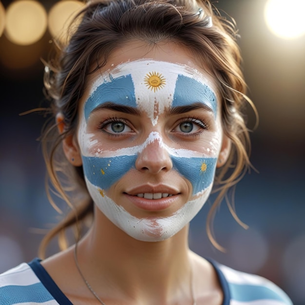 Photo argentine argentinian woman from argentina wearing national flag facepaint at sports event