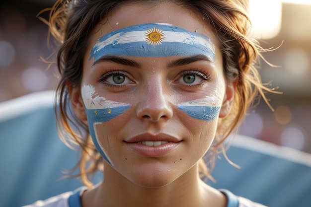 Photo argentine argentinian woman from argentina wearing national flag facepaint at sports event