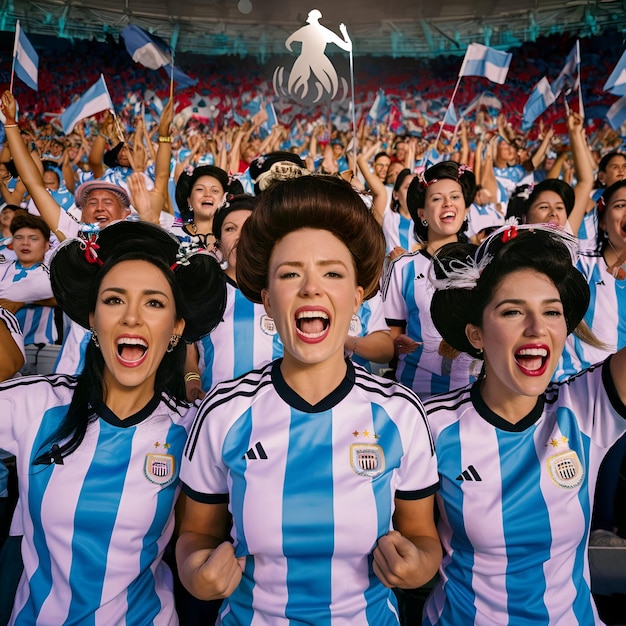 Argentine football soccer fans in a stadium supporting the national team Albiceleste Gauchos