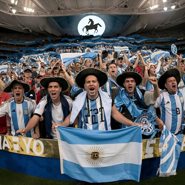 Argentine football soccer fans in a stadium supporting the national team Albiceleste Gauchos