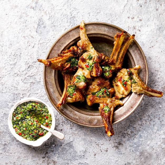 Argentinian green Chimichurri.Beef steak.Summer snack sauce.