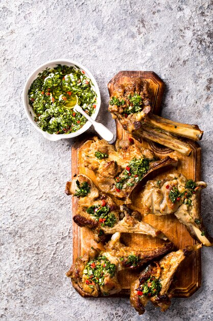 Argentinian green Chimichurri.Beef steak.Summer snack sauce.