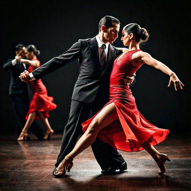 Argentinian Tango Dance Woman in Red Dress and Man in Black Suit