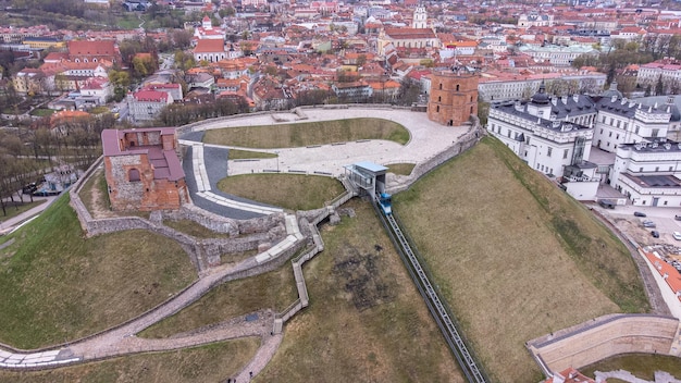 Arial Birds Eye View Of The City Of Vilnius with Gedimino tower and Palace of Lithuanias Kings