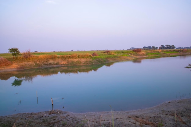 Arial View Canal with green grass and vegetation reflected in the water