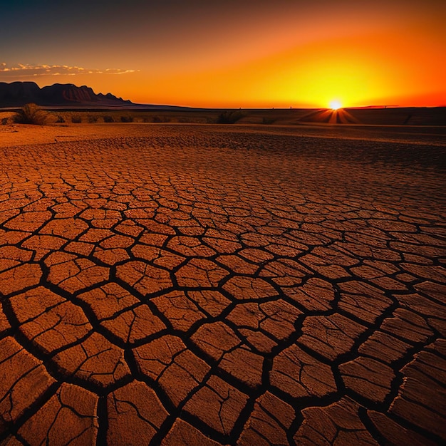 Arid Clay soil Sun desert global worming concept cracked scorched earth soil drought desert landscape dramatic sunset