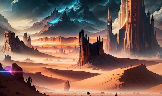 Arid Desert Landscape of unknown Mars Alien Planet scifi red planet surface craters mountains Cloudy skies high tech alien city Fantasy world Generative AI