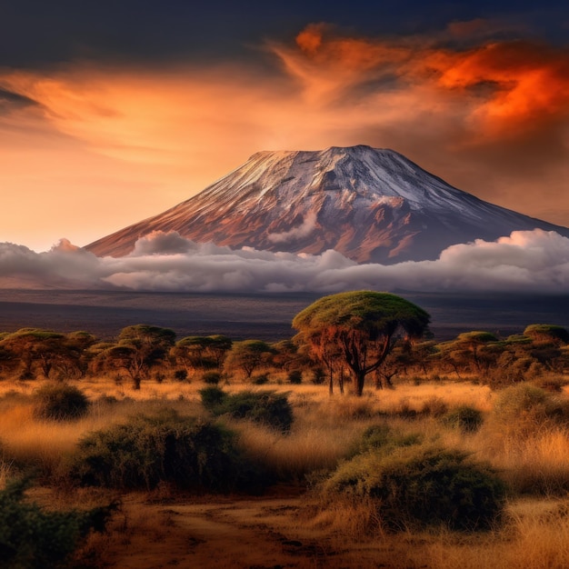 Arid dry African savanna in late evening with Mount Kilimanjaro highest peak i Africa