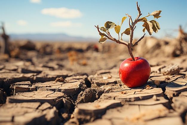 Arid landscape apple on cracked soil depicts food insecurity water shortage agricultural crisis