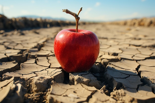 Arid landscape apple on cracked soil depicts food insecurity water shortage agricultural crisis