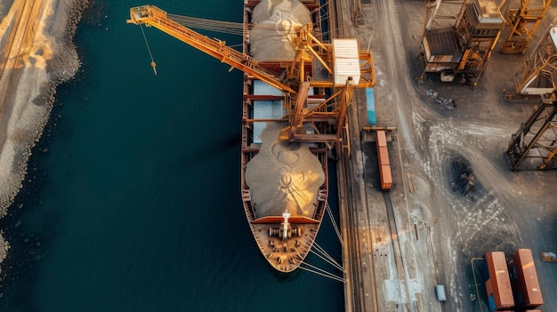 An ariel shot of a grain ship in the process of unloading with large cranes lifting and depositing