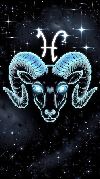 Aries horoscope sign with blue glowing eyes on shiny stars galaxy background gorgeos ram with horns