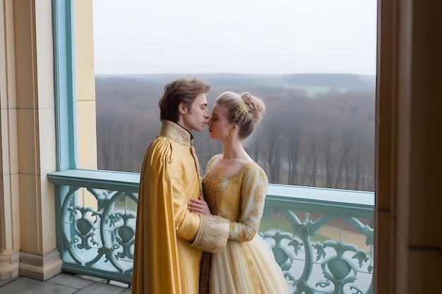 Aristocratic couple kissing in the palace Neural network AI generated