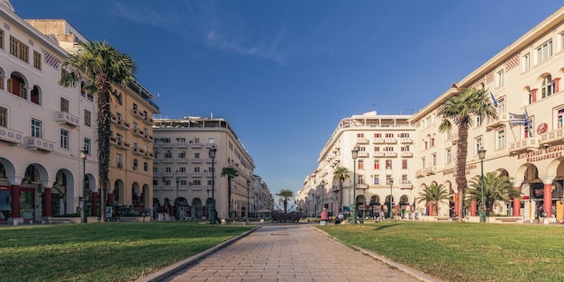 Aristotelous Square with pavement going to sea and houses overlooking square Thessaloniki Greece