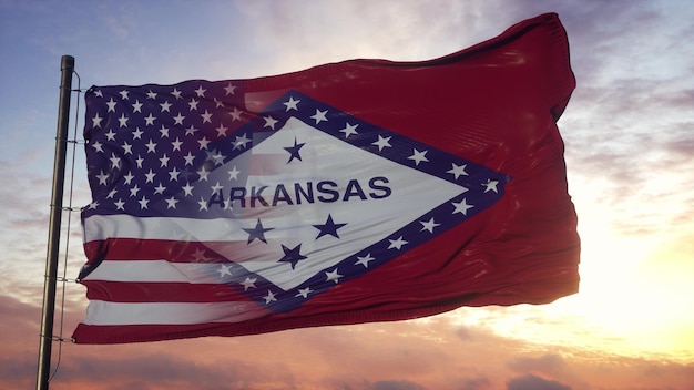 Arkansas and USA flag on flagpole. USA and Arkansas Mixed Flag waving in wind