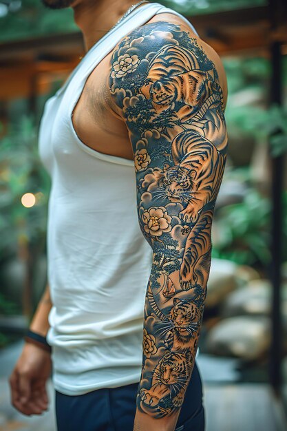 Photo an arm sleeve tattoo design concept theme of tigers and korean culture black and gray cool uniqu