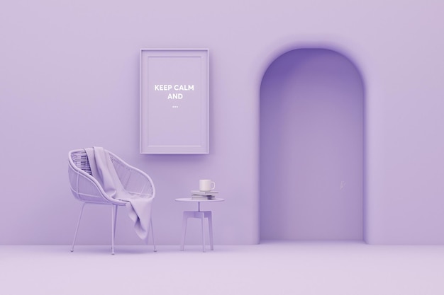 Armchair and cafe book on purple background Keep calm and poster concept 3D rendering