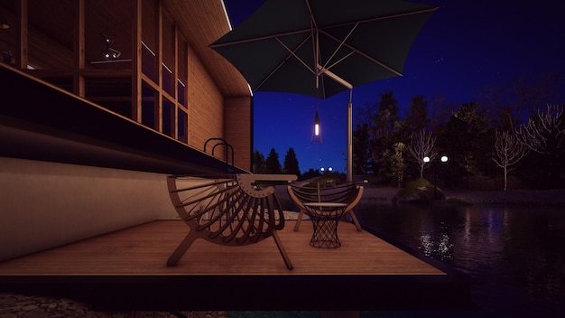 Armchair and coffee table on the deck river side in the evening light on with stars 3d illustration