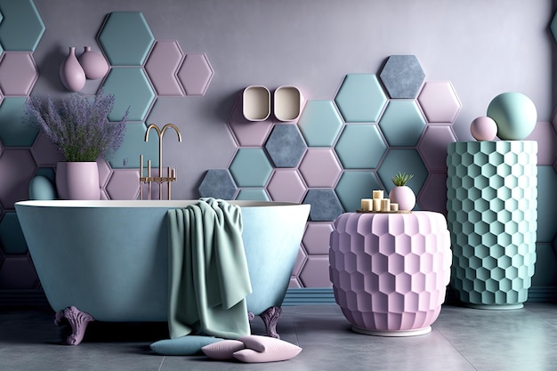 Armchair colored vases and decors bathtub tiles and concrete walls cozy minimalist bathroom in lavender pastel tones this is a concept for an interior design project