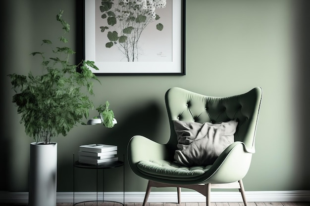 Armchair in a green pleasant minimalist room Scandinavian style in decorating