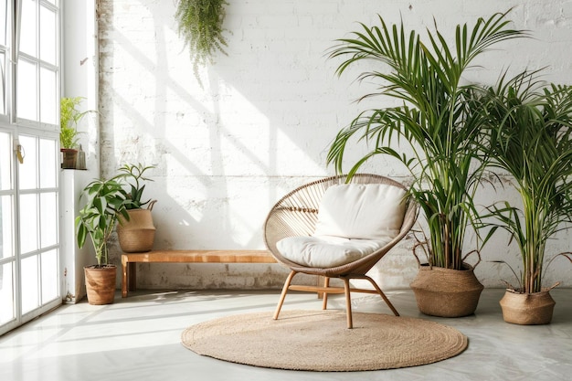 Armchair on rug next to bench with plants in white loft interior with wooden sofa