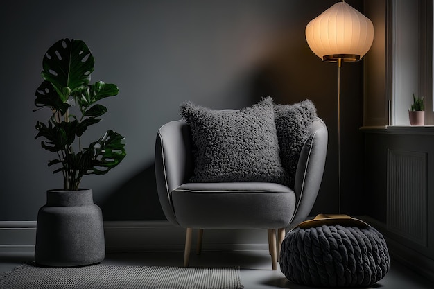 Armchair with pillow glowing lamp plant in pot ottoman Illustration AI Generative