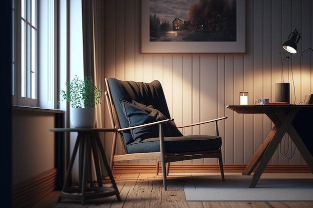 An armchair and wooden table are in the living room