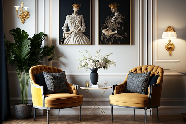 Armchairs and decor in a modern classic home mockup for an illustration