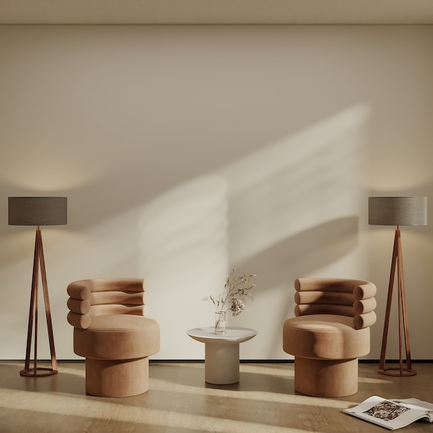 Armchairs and lamps in the room front of the empty wall 3d render