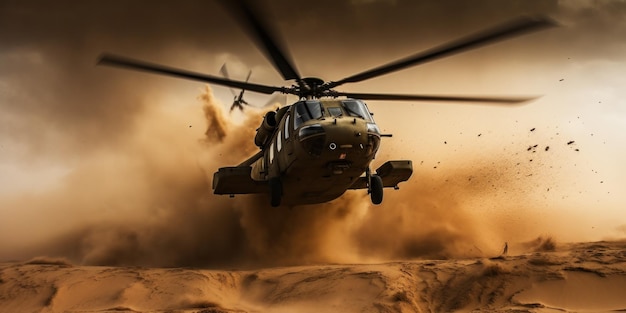 armed forces helicopter in a sand storm