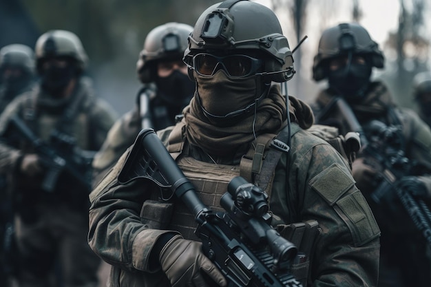 Armed military infantry formation with tactical gear and assault rifles Realistic Army special force and military unit with blurred background Elite special force on warzone Generative AI