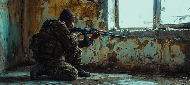 Armed Soldier in Position Inside Ruined Building