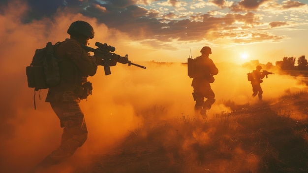 Armed soldiers moving through a dusty landscape at sunset with the vibrant orange sky casting dramatic shadows over the scene