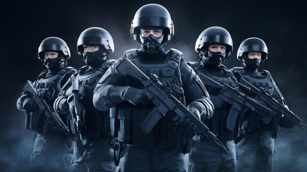 Armed special forces group on a dark background law and order protection concept swat group antiter