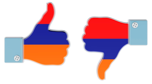 Armenian flag painted on the hand with thumb up and thumb down Like and dislike in Armenia concept 3D rendering isolated on white background